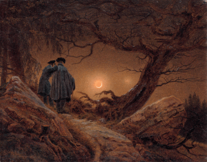 Dos hombres contemplando la luna (1819-1820). Caspar David Friedrich. Albertinum, Galerie Neue Meisterde, Dresde.