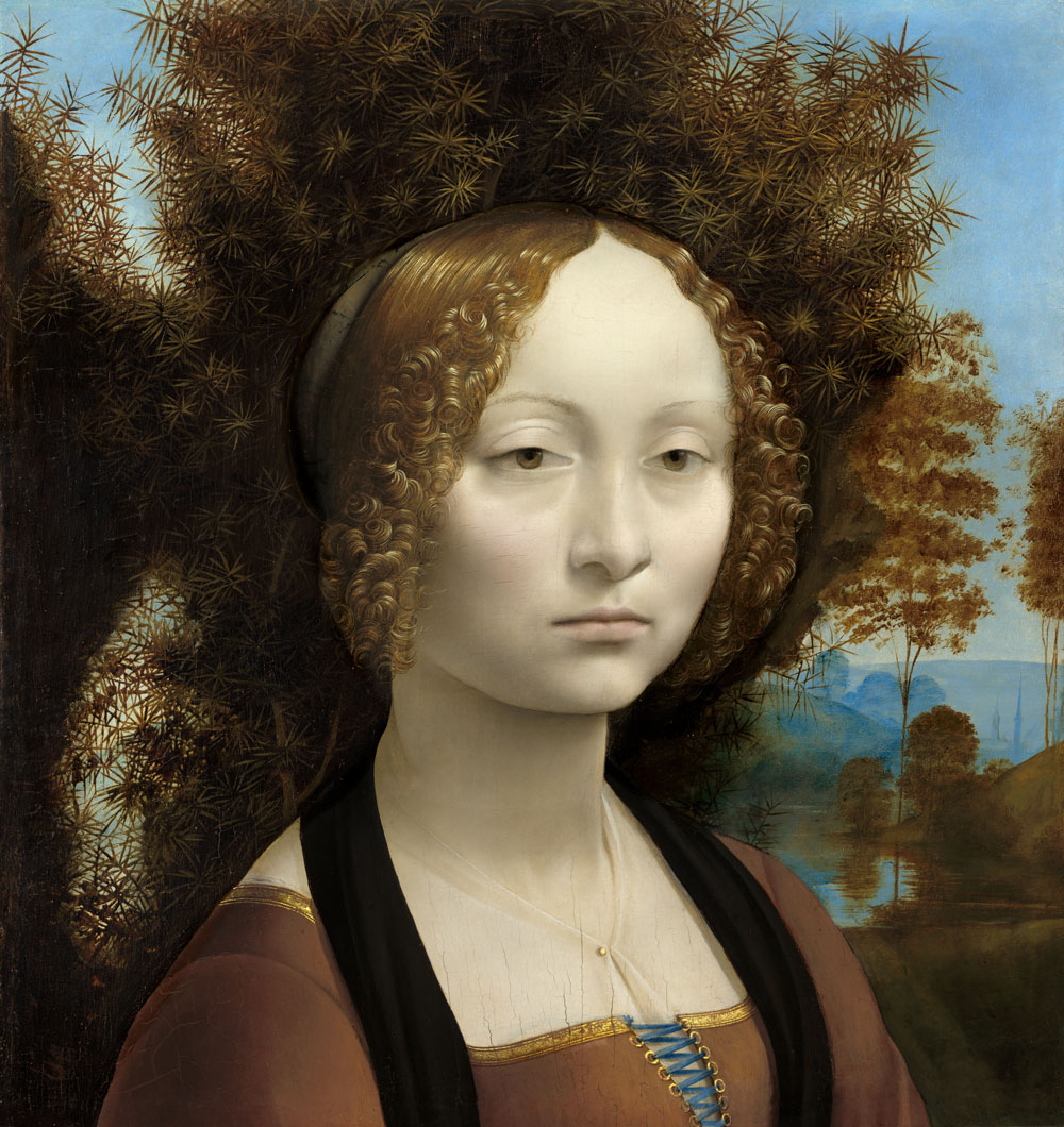 Artistas renacentistas, Leonardo da Vinci: Ginevra de Benci (1474) Galería Nacional de Arte, Washington.