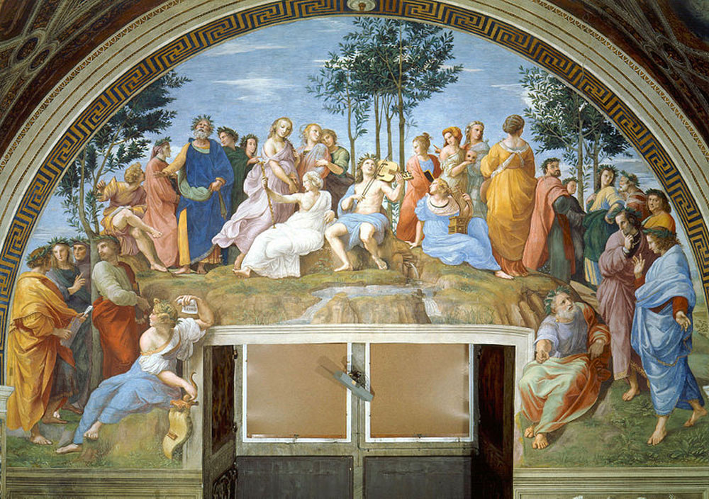 Rafael Sanzio: El Parnaso (1511). Pintura al Fresco. Museos Vaticanos, Ciudad del Vaticano.