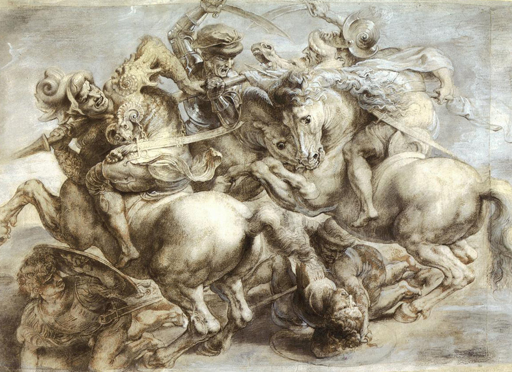 Pedro Pablo Rubens: Copia de La battaglia di Anghiari pintada por Leonardo entre 1503-1506 en un muro del Salón de los Quinientos del Palazzo Vecchio de Florencia, dibujo sobre papel (1603), Museo del Louvre, París.