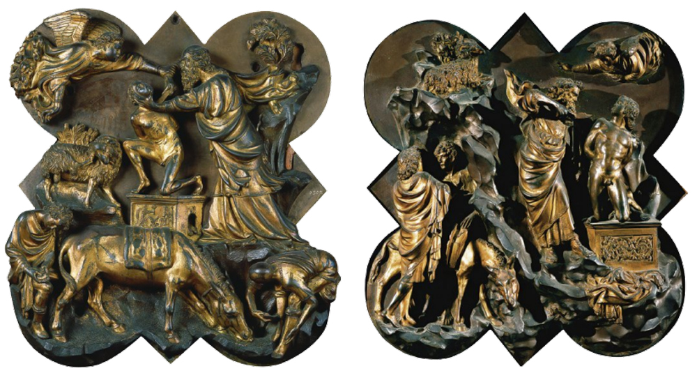 Relieves de bronce de Filippo Brunelleschi (izquierda) y de Lorenzo Ghiberti (derecha) presentados para el Concurso de la segunda puerta del Baptisterio de San Juan (1402-1403), Museo del Bargello, Florencia.