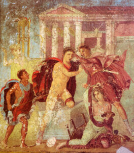 Anónimo (taller romano): La muerte de Neoptólemo (siglo I d.C.) fresco del triclinio de invierno de la casa de Marco Lucrecio Frontón, Pompeya.