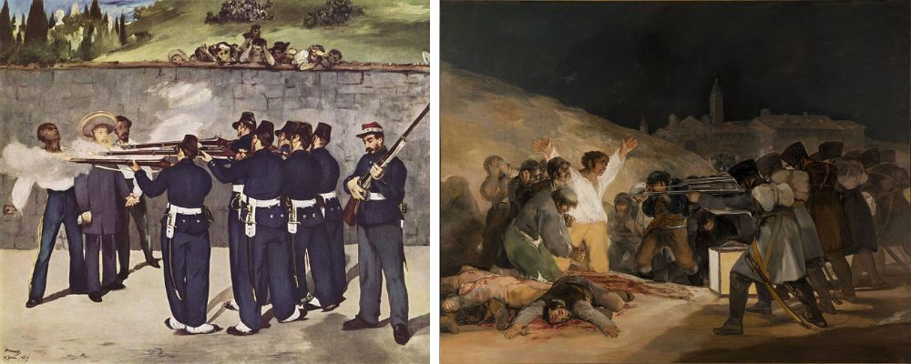 Édouard Manet: La ejecución del emperador Maximiliano (1868-69) óleo sobre lienzo, Kunsthalle Mannheim./ Francisco de Goya: El tres de mayo (1814) óleo sobre lienzo, Museo del Prado, Madrid.