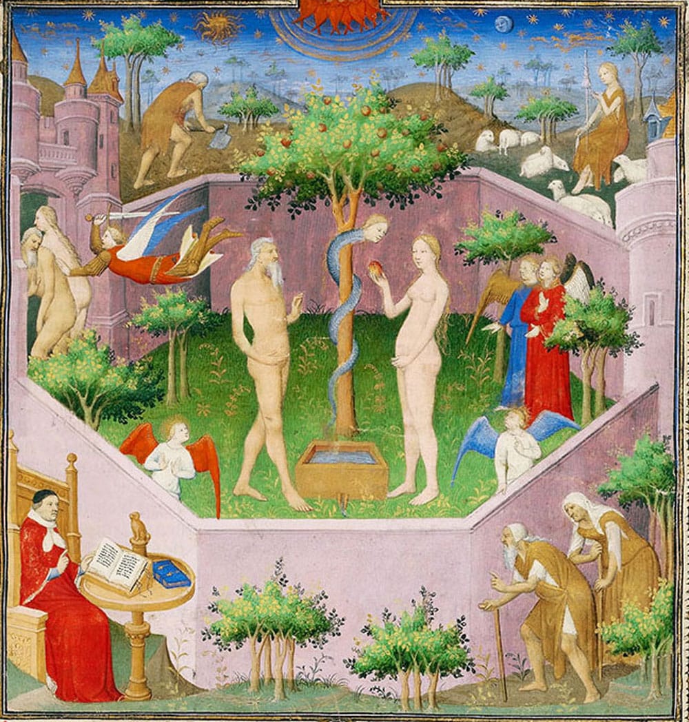cuerpo femenino -eva-Maestro Boucicaut: "La historia de Adán y Eva" (c. 1413-1415) ilustración en De hombres y mujeres ilustres, Ms. 63, fol. 3, Museo J. Paul Getty, Los Angeles.