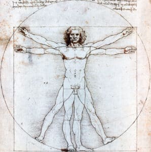 Leonardo da Vinci: El Hombre de Vitruvio o Estudio de las proporciones ideales del cuerpo humano (1492) plumín, pluma y tinta sobre papel, Galería de la Academia de Venecia.