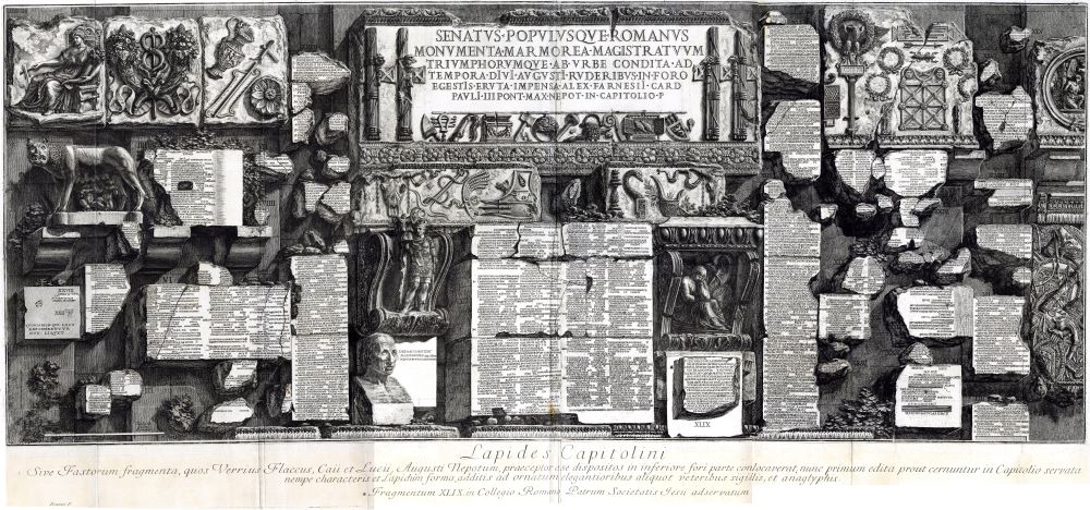 Giovanni Battista Piranesi: Lapidas capitolinas (1740-78) estampa/ grabado sobre papel, Real Academia de Bellas Artes de San Fernando, Madrid.