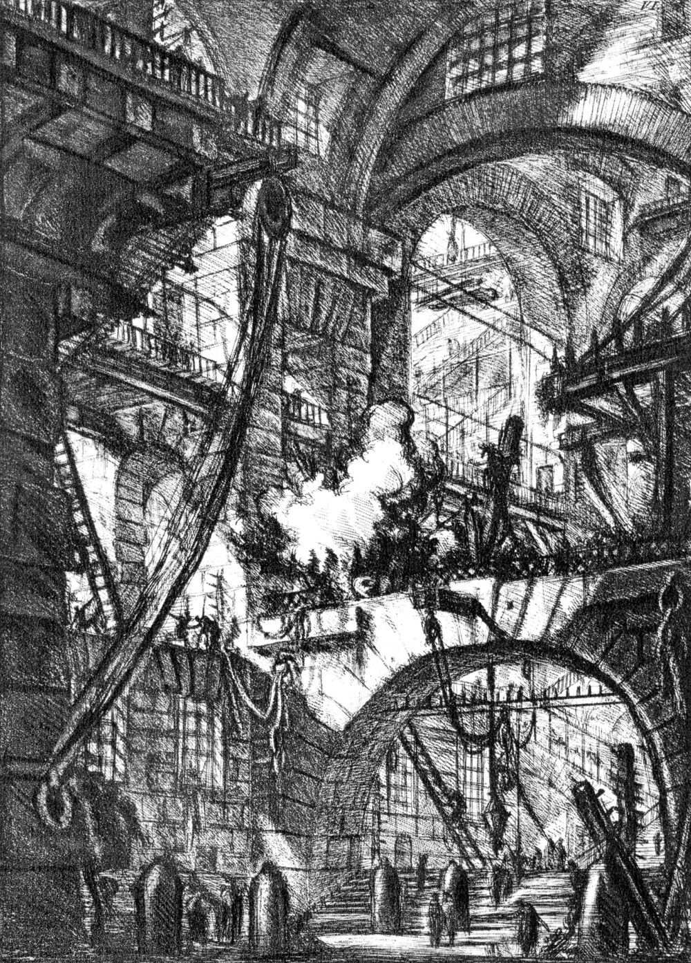 Giovanni Battista Piranesi: El Fuego Humeante, lámina VI (de 16) de la serie Las Cárceles Imaginarias, Roma, edición de 1761 (reelaborada a partir de 1745).