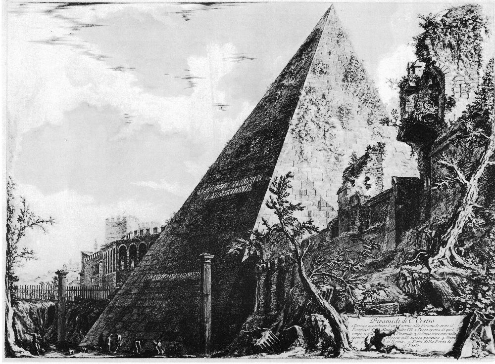 Giovanni Battista Piranesi: La Pirámide de Cestio en Roma en la serie de Vedute (1700) grabado. 